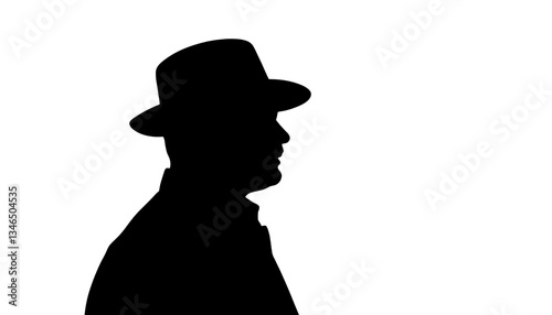 Silhouette of man wearing hat in profile against white background