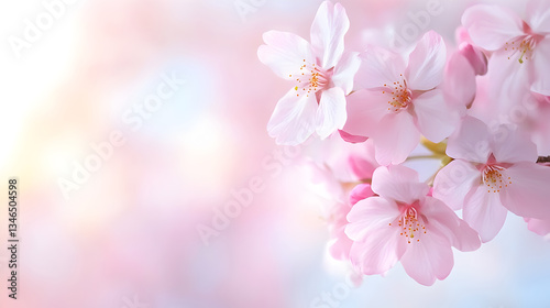 Cherry blossoms in soft pink hues blooming under gentle sunlight, creating a serene springtime atmosphere. Ideal for seasonal prints, floral wallpapers, or social media aesthetics. Selective focus