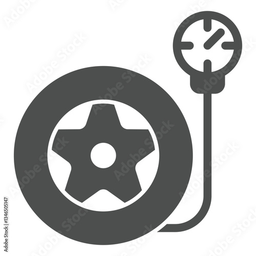 Car wheel tire with pressure gauge solid icon, car service concept. Vector graphics. Changing tires air pressure sign on white background, glyph style icon for mobile or web design.