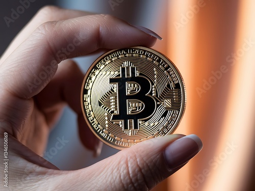 A Hand Holding a Physical Golden Bitcoin, Background Image