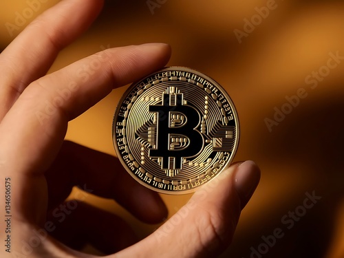 A Hand Holding a Physical Golden Bitcoin, Background Image