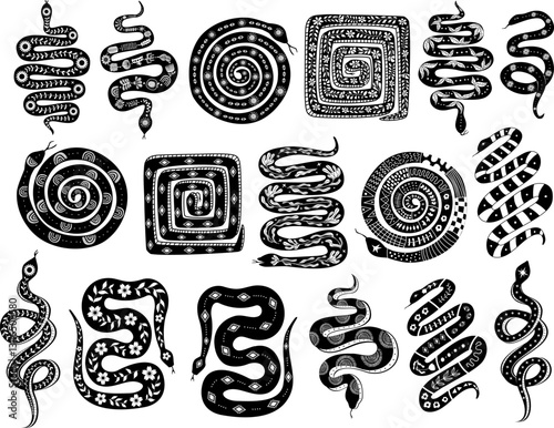 black and white decorated ornate snakes serpents collection, vector illustration graphic design set