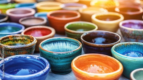 Colorful Handcrafted Ceramic Bowls Displayed in a Bright Marketplace