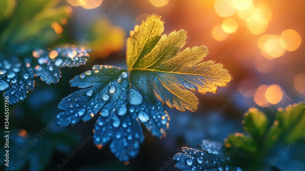 Dew-kissed leaves, garden sunset bokeh, nature detail, website banner Dew-kissed leaves, garden sunset bokeh, nature detail, website banner