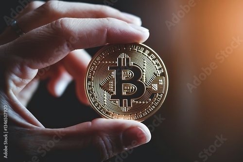 A Hand Holding a Physical Golden Bitcoin, Background Image