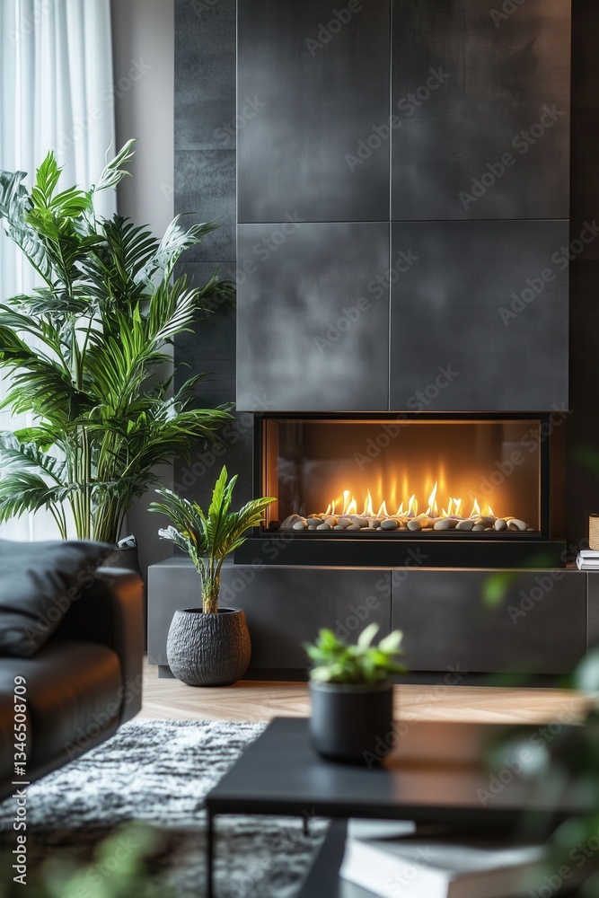 Naklejka premium Stylish living room interior with an electric fireplace, modern interior design and house plants.