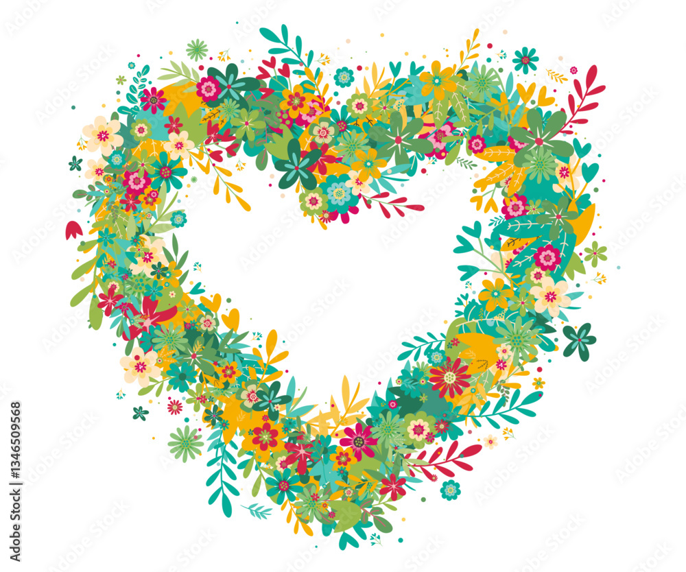 Forme de cœur fait d'une de fleurs - Fleurs et feuilles qui forment un cœur - Message d'amour ou d'amitié - Décoration florale - Illustration légère et festive pour le printemps - Vecteur Forme de cœur fait d'une de fleurs - Fleurs et feuilles qui forment un cœur - Message d'amour ou d'amitié - Décoration florale - Illustration légère et festive pour le printemps - Vecteur