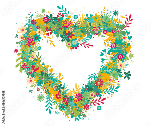 Forme de cœur fait d'une de fleurs - Fleurs et feuilles qui forment un cœur - Message d'amour ou d'amitié - Décoration florale - Illustration légère et festive pour le printemps - Vecteur