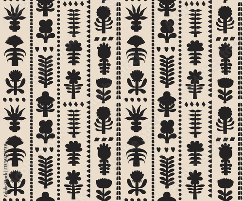  black and beige bold botanical and floral folk art cut put block print style seamless pattern, vector illustration repeat design print