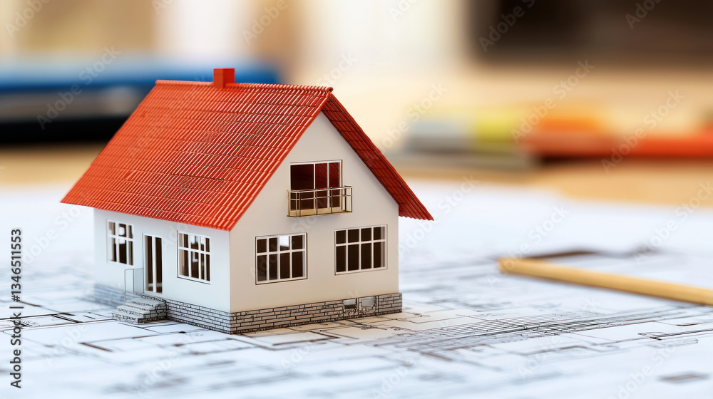 detailed house model sits top of architectural blueprints, showcasing design elements and planning. scene evokes creativity detailed house model sits top of architectural blueprints, showcasing design elements and planning. scene evokes creativity