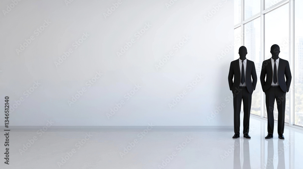 Minimalist office space with two silhouetted business professionals suits standing by large windows, conveying sense of Minimalist office space with two silhouetted business professionals suits standing by large windows, conveying sense of