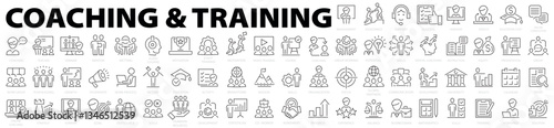Coaching and training big icon set. Workshop, coaching, training, education, course, teacher, conference, teamwork, meeting and more. Vector illustration