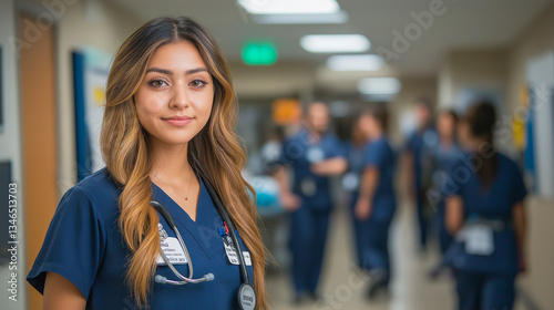 Healthcare professional in scrubs stands confidently in busy hospital corridor during day shift