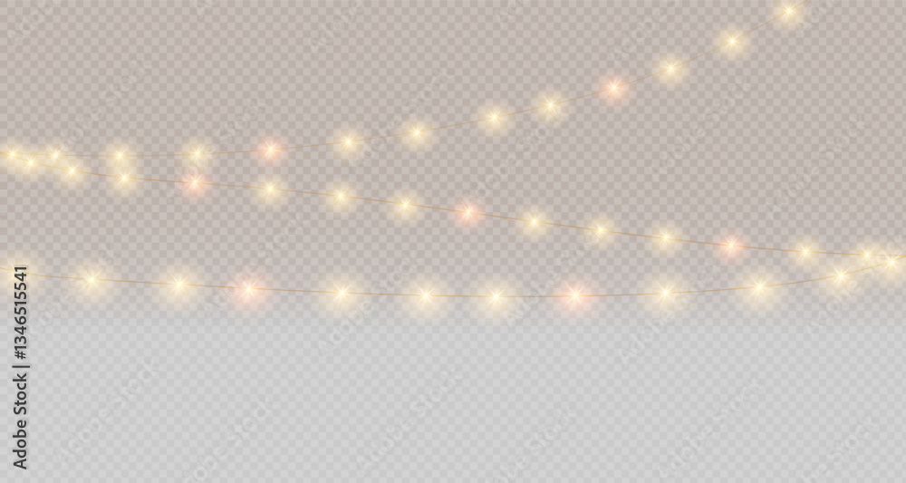Garland of Lights. Decorative lights. Fairy lights chain. Wall decoration for party. Led bulb lamp string. Vector PNG