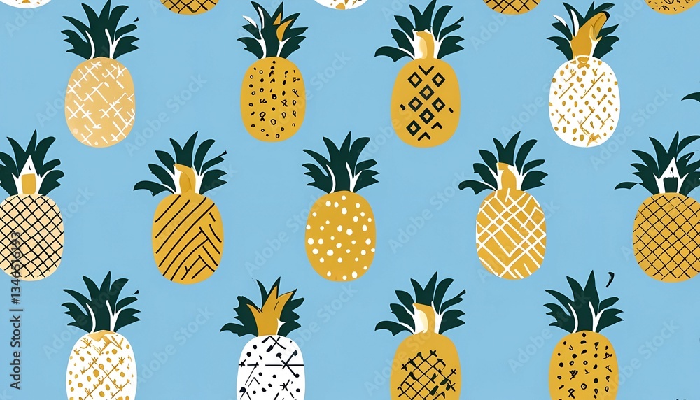 Fun and Playful Pineapple Pattern on Blue Background - Repeating Decorative Tropical Fruit Design with Assorted Patterns and Vibrant Textures for Summer Fabric Textile Wallpaper Fun and Playful Pineapple Pattern on Blue Background - Repeating Decorative Tropical Fruit Design with Assorted Patterns and Vibrant Textures for Summer Fabric Textile Wallpaper