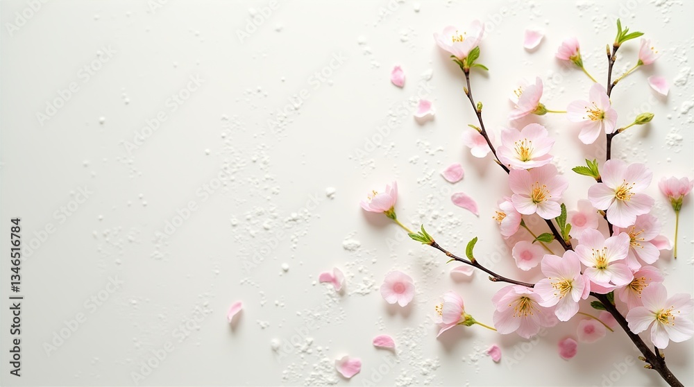 Elegant Pink Cherry Blossoms Branch with Petals on White - Minimalist Spring Floral Elegant Pink Cherry Blossoms Branch with Petals on White - Minimalist Spring Floral