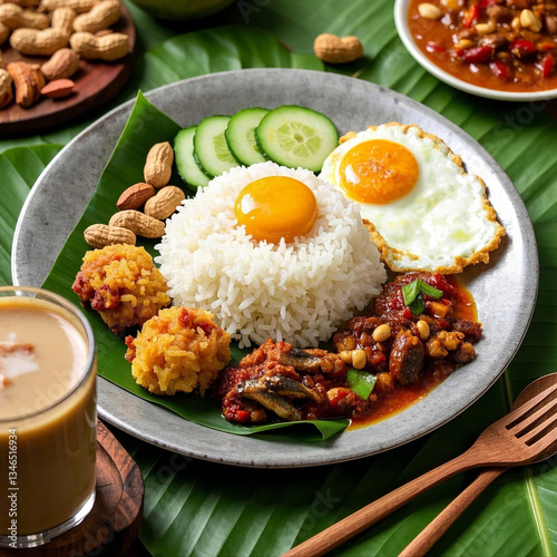 Traditional Malaysian Nasi Lemak with Fried Chicken and Sambal