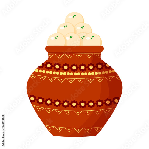 Vector illustration of Indian sweets Rasgulla in a pot on transparent background