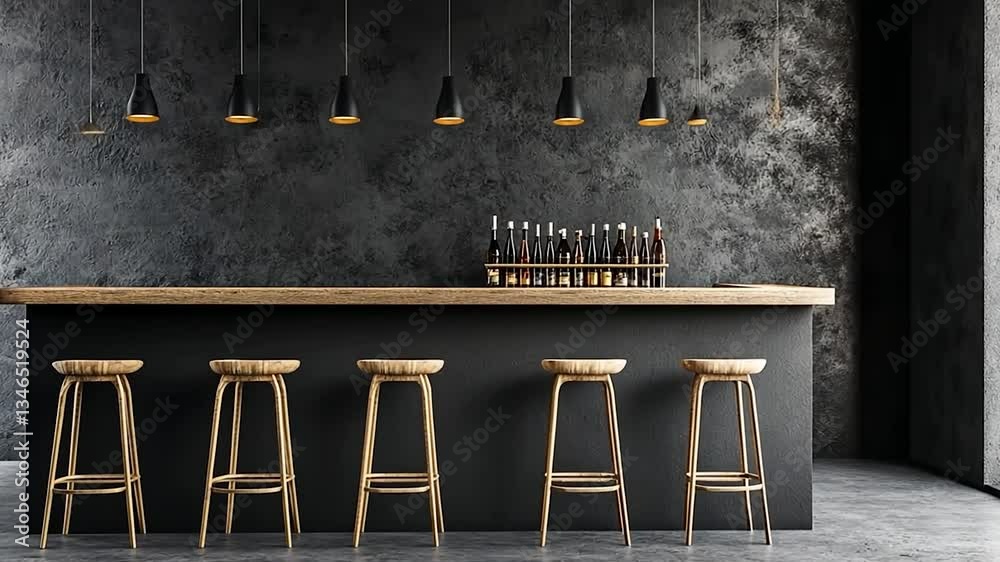 Modern bar counter with wooden top, black base, and five light wood stools against a dark textured wall.