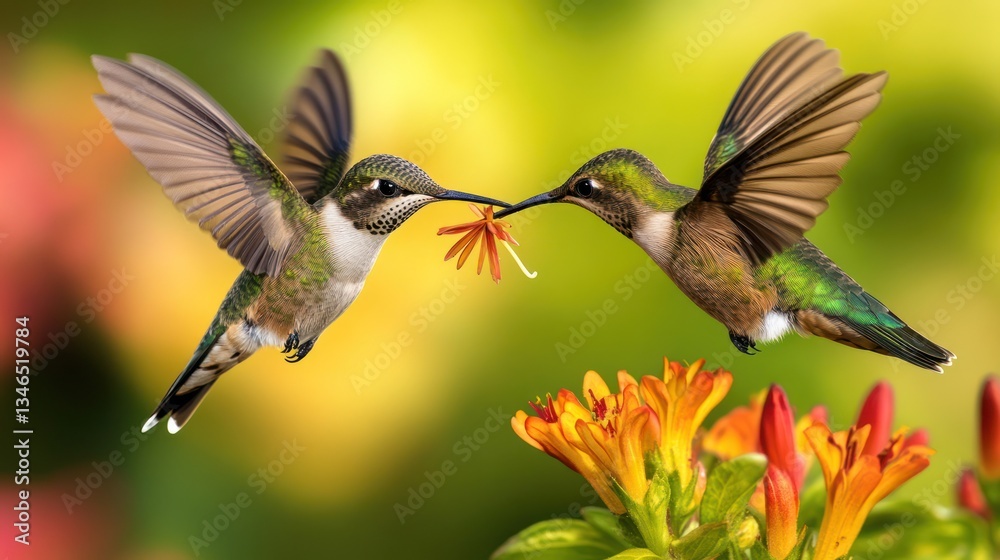 Fototapeta premium Two hummingbirds in flight sharing a flower