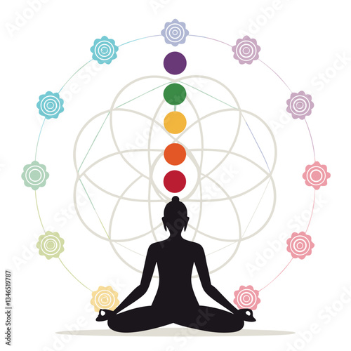 Yoga Meditation Silhouette with Chakra Symbols on White Background  