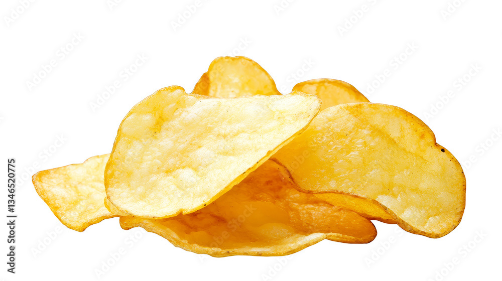 A heap of golden potato chips, the perfect crispy and salty snack for any occasion A heap of golden potato chips, the perfect crispy and salty snack for any occasion