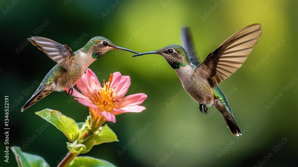 Fototapeta premium Two hummingbirds interacting with a flower in flight