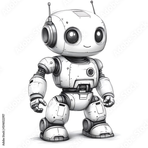 Cute robot character illustration, digital art, white background, children's book