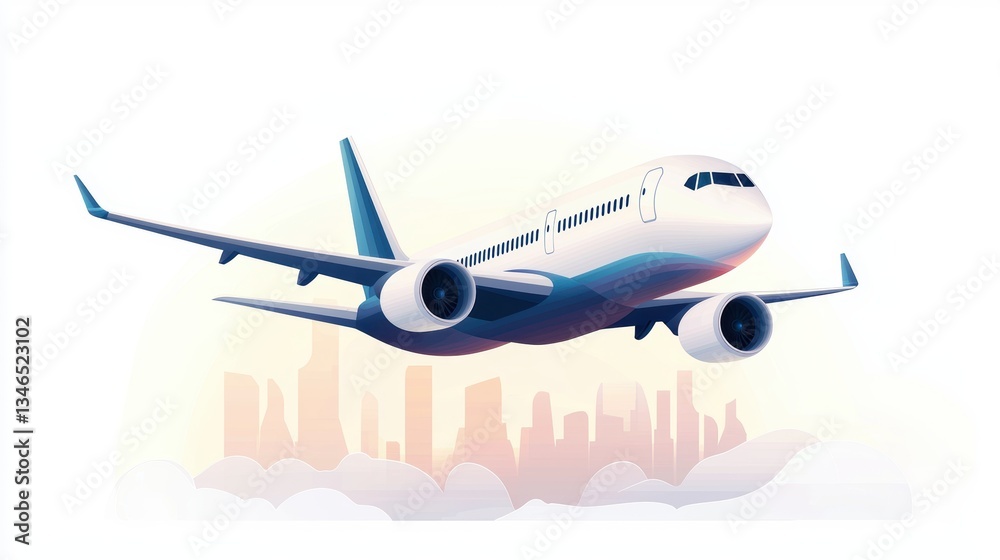Obraz premium A stylized airplane flying over a city skyline, symbolizing travel and aviation.