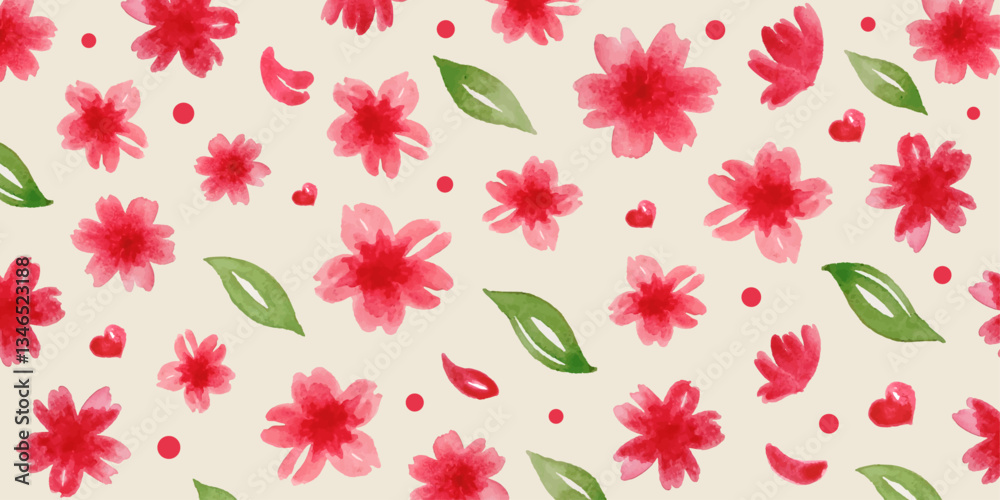 Background pattern with spring fresh flowers and leaves in watercolour style in vector. Background pattern with spring fresh flowers and leaves in watercolour style in vector.