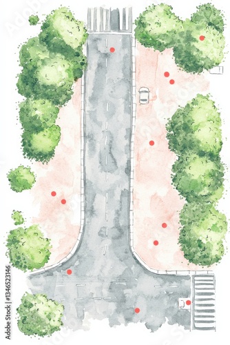 A top-down watercolor illustration of an urban street featuring greenery and a crosswalk. The scene captures the tranquility of city life amidst nature.