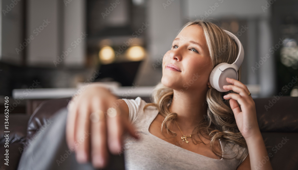 Fototapeta premium teen listening to music with wireless headphones sitting on a couch