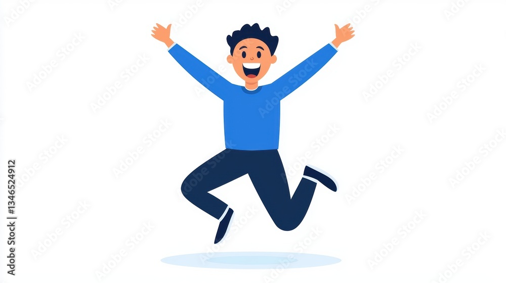 Fototapeta premium A joyful character is jumping with excitement, wearing a blue shirt and black pants, showcasing a vibrant and cheerful demeanor.