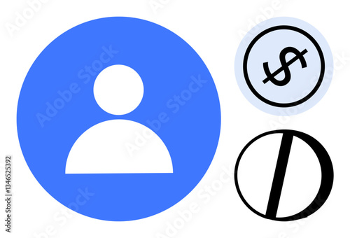 Person profile icon in blue circle with dollar sign symbolizing money, paired with black restricted sign. Ideal for finance, identity, access, restriction, privacy, user and security themes. Flat