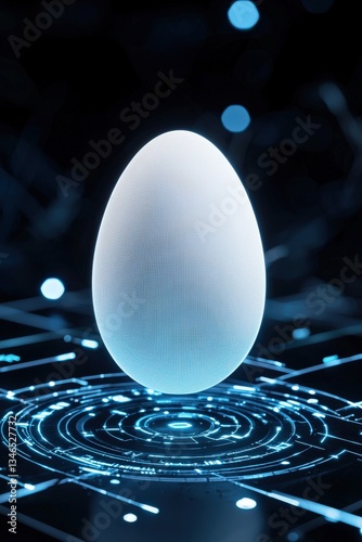 Egg with a cybernetic interface, connected to a high-tech system