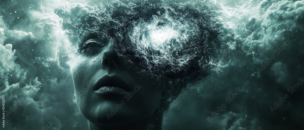 Fototapeta premium A woman's face is obscured by a cloud of water