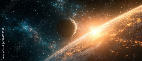 A planet with a large moon and a sun in the background