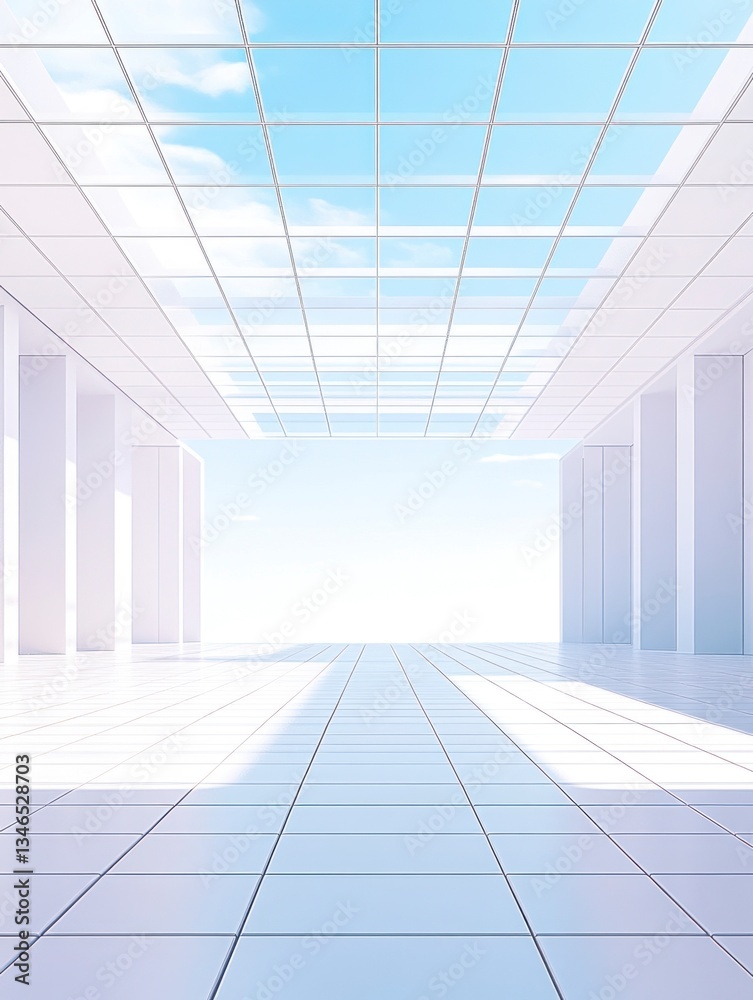 Fototapeta premium Modern Architecture with White Tiled Floor and Skyward View with Clouds