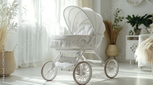 Elegant white baby stroller in a bright room photo