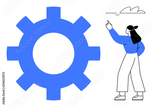 Woman in casual outfit pointing to a large blue gear representing collaboration, technical solutions, and improvement. Ideal for innovation, strategy, teamwork, process optimization, learning