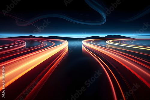 Colorful light trails illustrate high-speed movement on curved road at night. Dynamic data transfer, tech innovation suggested. Abstract design highlights speed, modern advancements. Nighttime road