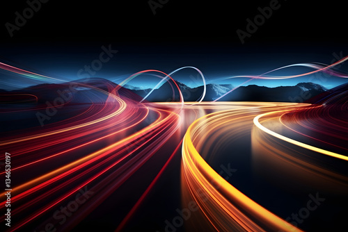 Colorful light trails illustrate high-speed movement on curved road at night. Dynamic data transfer, tech innovation suggested. Abstract design highlights speed, modern advancements. Nighttime road