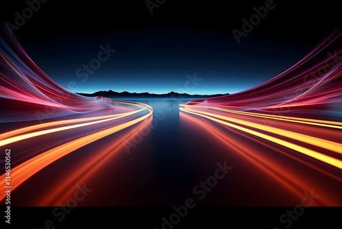 Colorful light trails illustrate high-speed movement on curved road at night. Dynamic data transfer, tech innovation suggested. Abstract design highlights speed, modern advancements. Nighttime road