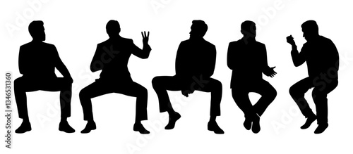 Group of five man silhouettes in business attire displaying various poses with a light background