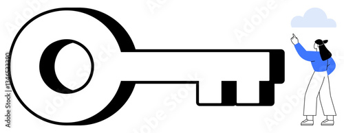 Oversized key beside a gesturing woman under a cloud portrays solutions, access, opportunities, success, security, decision-making, innovation. Ideal for strategy, unlock metaphor flat simple