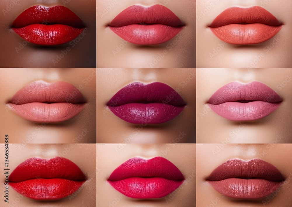 Obraz premium Collage of close-up lips wearing various stylish lipstick shades, from nude to vibrant, on smooth skin.