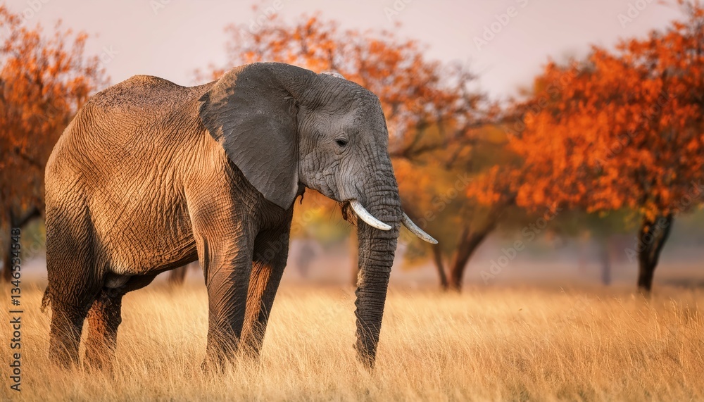 Fototapeta premium A big African elephant bull with huge tusks roams wild in Kenya's nature during a safari