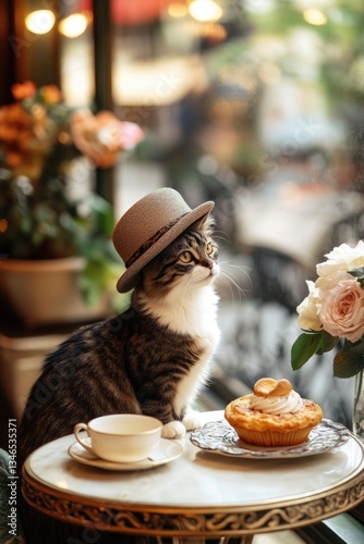 A delightful Parisian setting showcasing a cat, a scrumptious pastry, and a trendy hat.