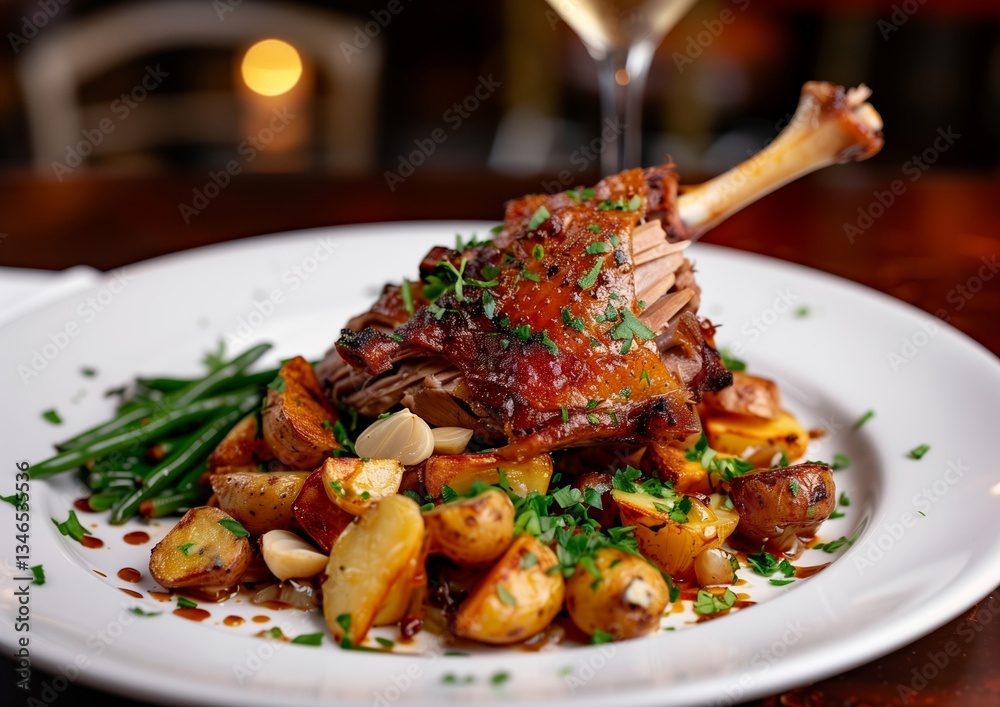 Gourmet duck confit served with roasted potatoes, green beans, and garlic on a white plate.