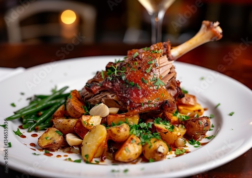 Obraz na płótnie Gourmet duck confit served with roasted potatoes, green beans, and garlic on a white plate. w salonie
